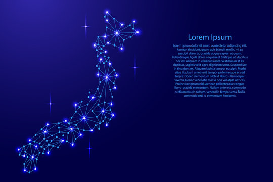 Japan map of polygonal mosaic lines network, rays and space stars of vector illustration.