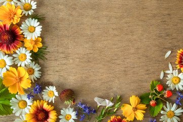 summer field flowers and berries on a wooden background. Space for text.