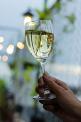 Handing holding a glass of white wine