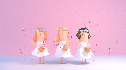 Cartoon bridesmaids throwing rose petals in the air at wedding. Cute flower girls with beautiful white dresses and floral head wreaths. Romantic wedding ceremony. 3d render picture.