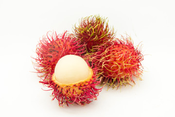 Rambutan fruit with red shell on white background
