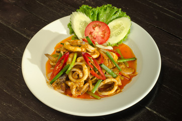 Thai food Stir Fried Squid with Salted Eggs