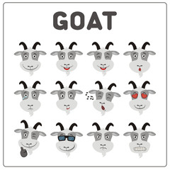 Emoticons set face of goat in cartoon style. Collection isolated funny muzzle goat with different emotion.