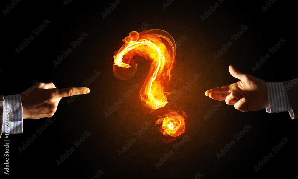 Poster concept of help or support with fire burning question mark and creation gesture