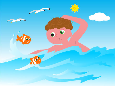 Swimmer with fishes vector