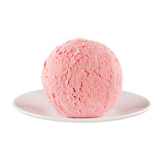Ice cream pink strawberry scoop on plate isolated on white background.