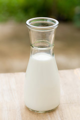 Glass Milk Bottle with abstract blurred forest nature background