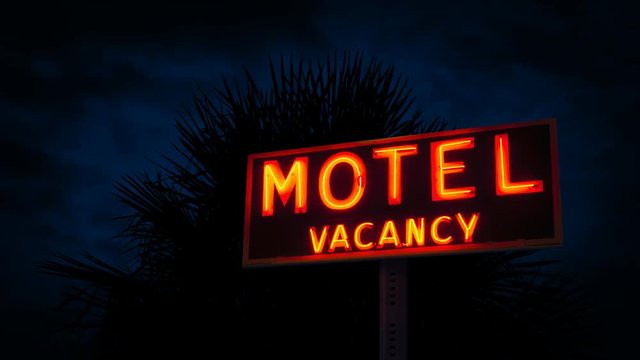 Motel Sign By Tropical Plant At Night