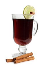 Glass cup with mulled wine on white background