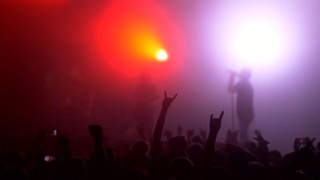 People crowd partying at a rock concert. Slow motion shot