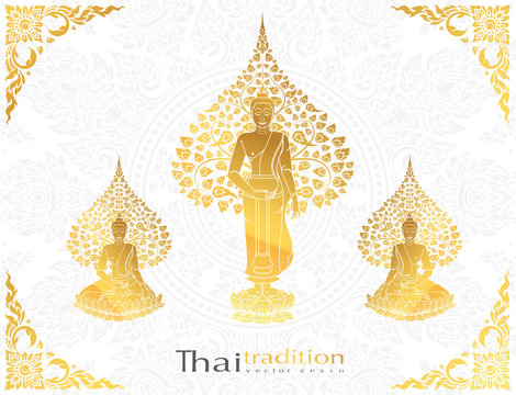 Buddha and Bodhi tree gold color of thai tradition,greeting card