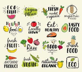 Panele Szklane Podświetlane  Zdrowa żywność ręcznie rysowane ilustracje i elementy dla świeżego rynku, ekologicznej żywności, wegańskiego menu, produktów naturalnych