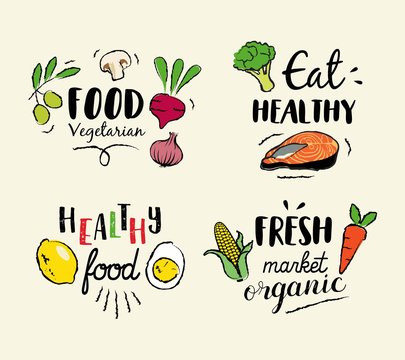  Healthy food hand drawn illustrations and elements for fresh market, eco food, vegan menu, natural products