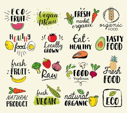 Healthy food hand drawn illustrations and elements for fresh market, eco food, vegan menu, natural products
