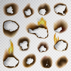 Burnt piece burned faded paper hole realistic fire flame isolated page sheet torn ash vector illustration