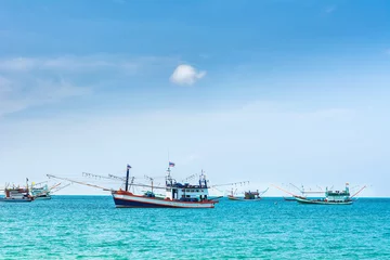 Foto op Plexiglas Amazing view of fishing ships in Andaman sea. Location: Krabi, Krabi province, Thailand, Andaman Sea. Artistic picture. Beauty world. © olenatur