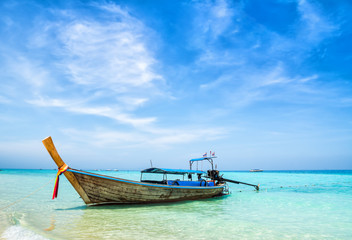 Fototapeta na wymiar Amazing view of beautiful beach with traditional thailand longtale boat. Location: Bamboo island, Krabi province, Thailand, Andaman Sea. Artistic picture. Beauty world.