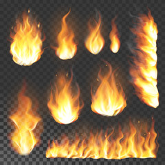 Realistic 3d fire flame flare blaze burning vector illustration on transparent background