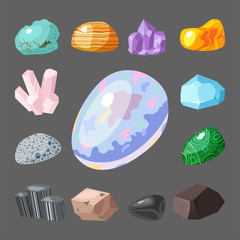 Semi precious gemstones stones and mineral stone isolated dice colorful shiny crystalline vector illustration