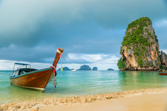 Beautiful wooden boat long tail off the coast of Thailand close-up