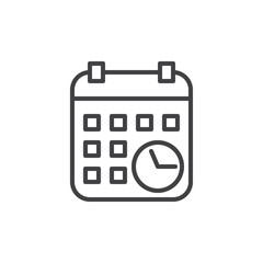 Calendar with clock line icon, outline vector sign, linear style pictogram isolated on white. Schedule symbol, logo illustration. Editable stroke. Pixel perfect graphics
