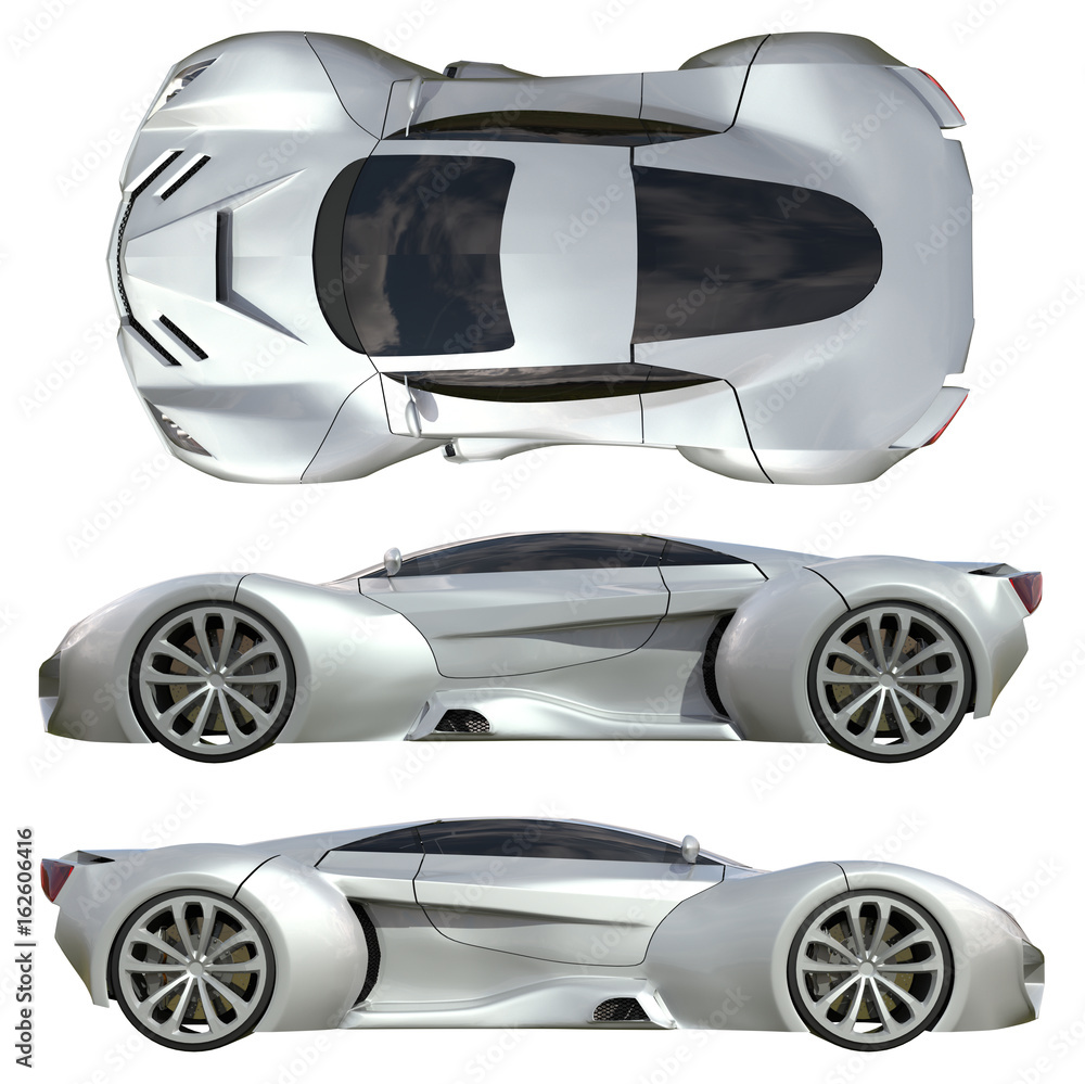 Poster a set of three types of racing concept car in gray. side view and top view. 3d illustration.