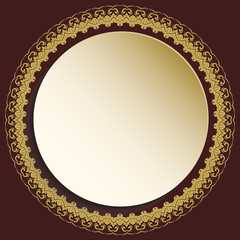 Round vector goldn frame with floral elements and arabesques. Pattern with arabesques. Fine greeting card