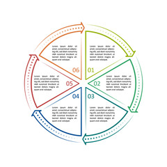 Circle infographic template 6 steps. For presentation and design concept. Simple line style with dots and arrows. Vector illustration.