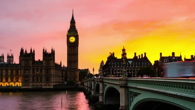 London, UK. Sunset over the city of London, UK. Colorful sky behind Westminster and Big Ben. Westminster bridge at night. Time-lapse at sunset