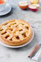 Popular American apple pie and cup of tea on gray table. Homemade classical friut tart. Copy space