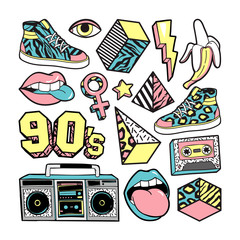 Fashion patches in in 80s-90s memphis style.