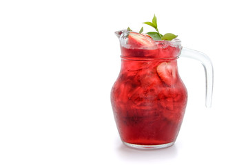 Strawberry mojito drink with strawberry slices on white background