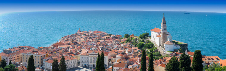 Panoramic view of Piran with St. George´s Parish Church in Slovenia. The church was bult in the...