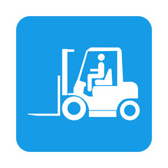 Icono plano carretilla elevadora en cuadrado azul