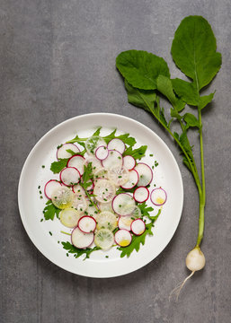 Spring healthy vegetables salad with colorful radishes, arugula and chives in a plate on dark background. Top view. Copy space.