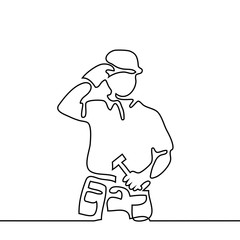 Continuous line drawing. Standing builder man holding tablet. Vector illustration on white background