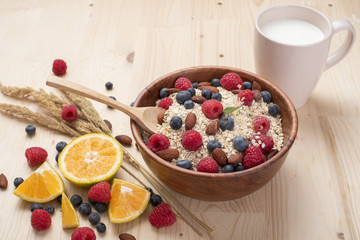 Healthy breakfast ingredients on wood table, Healthy food concept