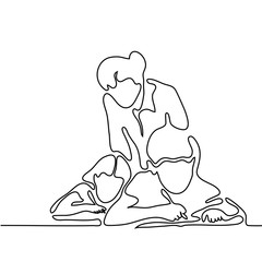 Teacher with children writting in sheet. Continuous line drawing vector illustration back to school