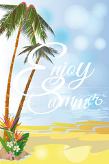 Series of tropical backgrounds. Background with a sandy beach with palm trees and flowers. 