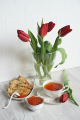 Pancakes with caviar.