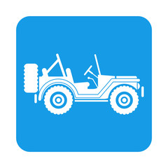 Icono plano todoterreno militar lateral en cuadrado azul