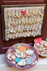 Traditional painted ceramic souvenirs for sale at a city centre shop Crete, Greece, Europe.