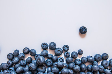 Blueberries isolated on white background. Blueberry border design. Ripe and juicy fresh picked bilberries close up. Copyspace. Top view or flat lay