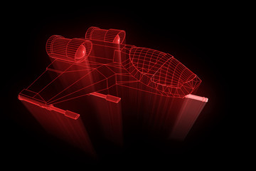 Obraz premium Futuristic Spaceship in Hologram Wireframe Style. Nice 3D Rendering 