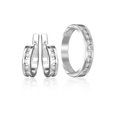 3D illustration white gold or silver diamond ring and diamond earrings with reflection © 3djewelry