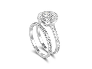 3D illustration white gold or silver matching band set rings with diamonds with shadow