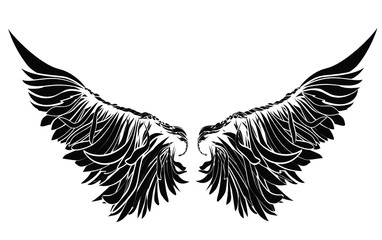 Wings. Vector illustration on white background. Black and white style