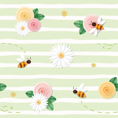 Summer floral seamless pattern. Roses, chamomiles, flying bees on stripped green background.