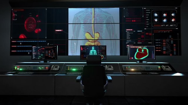 Human medical care center, main control room, Human body scanning internal organs, Digestion system in digital display.