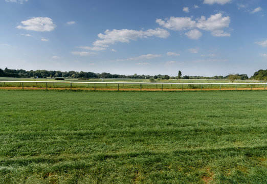 Turf hippodrome in Germany, Magdeburg. Green grass field. View from below